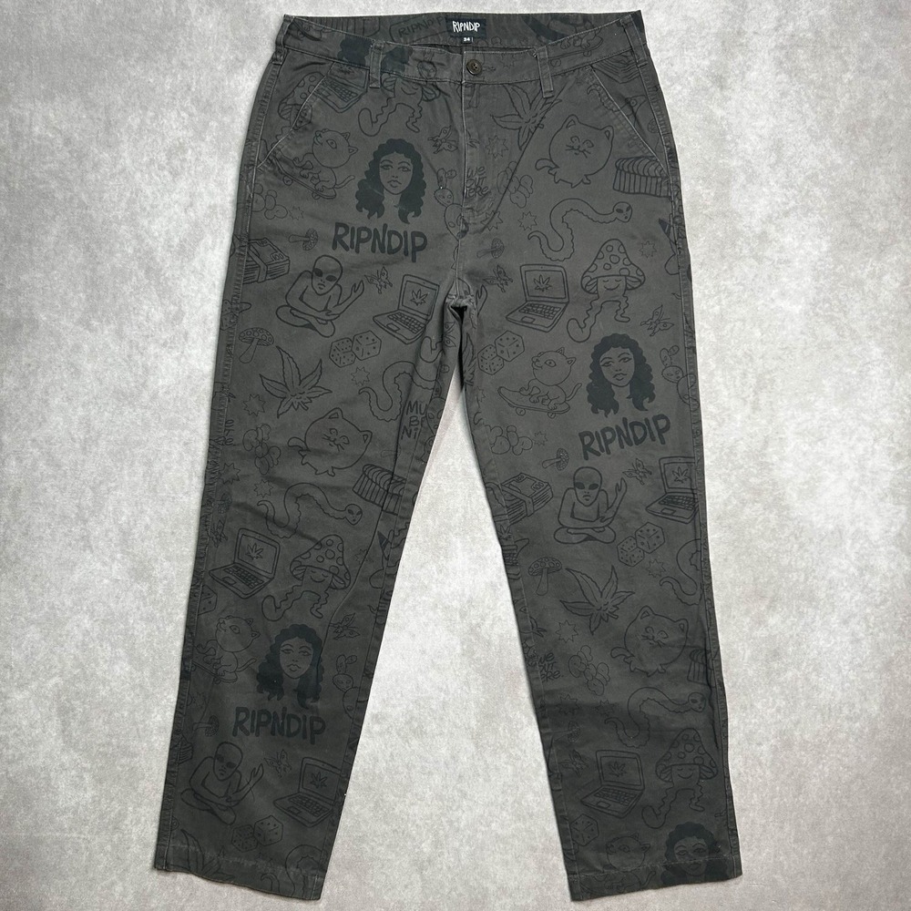 RIPNDIP Men's 33 Pants Alien Cat Skater Graphic AOP All Over Print Dark Gray